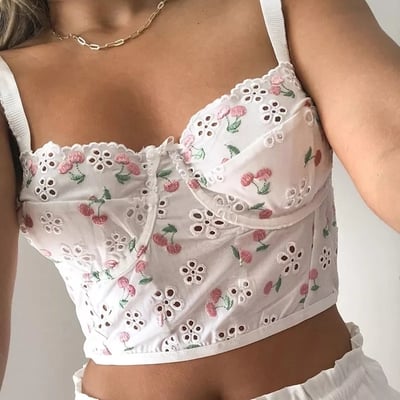 White cherry floral embroidery milkmaid corset top summer aesthetic casual e-girl kawaii korean japanese harajuku - Thumbnail 1