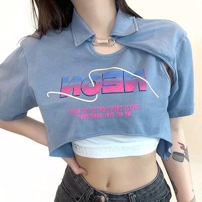 Sweet letter print irregular short sleeve t-shirt with corset aesthetic casual e-girl kawaii korean japanese harajuku - Thumbnail 3
