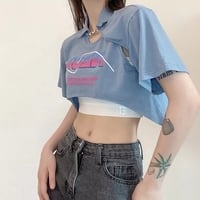 Sweet Letter Print Irregular Short Sleeve T-shirt with Corset Aesthetic Casual E-Girl Kawaii Korean Japanese Harajuku - Thumbnail 3