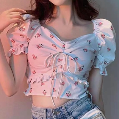 Sweet floral bow pleated puff sleeve blouse aesthetic casual e-girl kawaii korean japanese harajuku - Thumbnail 4