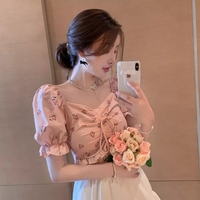 Sweet Floral Bow Pleated Puff Sleeve Blouse Aesthetic Casual E-Girl Kawaii Korean Japanese Harajuku - Thumbnail 2