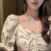 Sweet Floral Bow Pleated Puff Sleeve Blouse Aesthetic Casual E-Girl Kawaii Korean Japanese Harajuku - Thumbnail 6