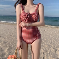 Sexy Red Plaid Push Up One Piece Swimsuit Aesthetic Casual E-Girl Kawaii Korean Japanese Harajuku - Thumbnail 2