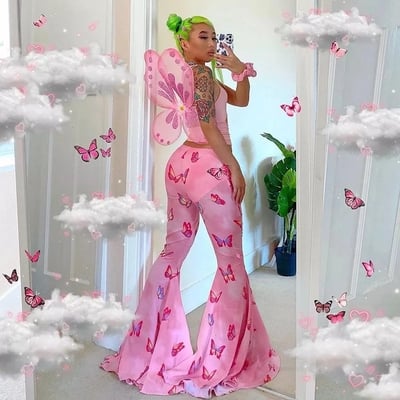 Pink Butterfly Low Waist Flare Bell Bottom Pants Rave Festival Aesthetic Casual E-Girl Kawaii Korean Japanese Harajuku