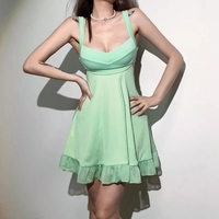 Green Backless Ruffle Dress Aesthetic Casual E-Girl Kawaii Korean Japanese Harajuku - Thumbnail 1