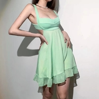Green Backless Ruffle Dress Aesthetic Casual E-Girl Kawaii Korean Japanese Harajuku - Thumbnail 3