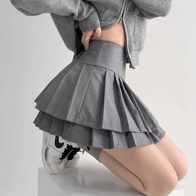 Preppy Double Pleated High Waisted Mini Skirt Aesthetic Casual E-Girl Kawaii Korean Japanese Harajuku