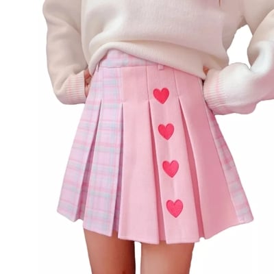 Pink heart plaid high waisted tennis skirt aesthetic casual e-girl kawaii korean japanese harajuku - Thumbnail 2