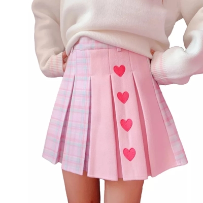 Pink Heart Plaid High Waisted Tennis Skirt Aesthetic Casual E-Girl Kawaii Korean Japanese Harajuku