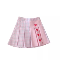 Pink Heart Plaid High Waisted Tennis Skirt Aesthetic Casual E-Girl Kawaii Korean Japanese Harajuku - Thumbnail 6