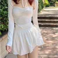 White Ruffle Drawstring High Waist Mini Skirt Fairycore Aesthetic Casual E-Girl Kawaii Korean Japanese Harajuku - Thumbnail 1