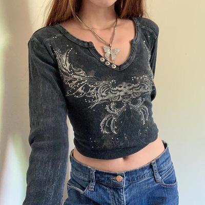 Crystal rhinestone butterfly print long sleeve t-shirt