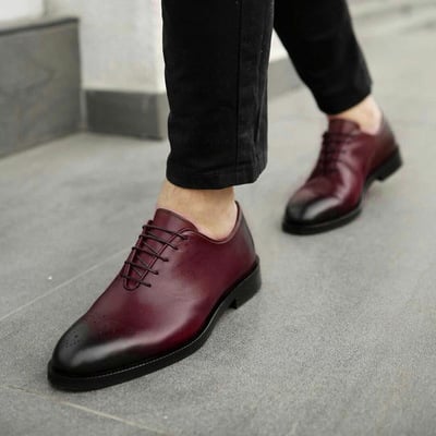Handmade whole cut burgundy leather shoes, men's lace up dress shoes