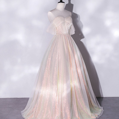 Shiny tulle sequins long prom dress a-line evening dress - Thumbnail 1