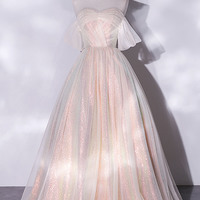 Shiny tulle sequins long prom dress A-line evening dress - Thumbnail 1