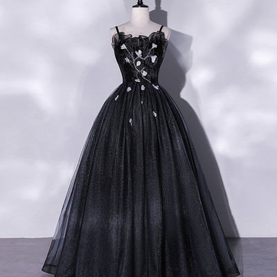 Black tulle long prom dress a-line evening dress - Thumbnail 2