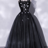 Black tulle long prom dress A-line evening dress - Thumbnail 4