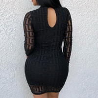 Patterned Long Sleeve Sexy Black Dress - Thumbnail 1
