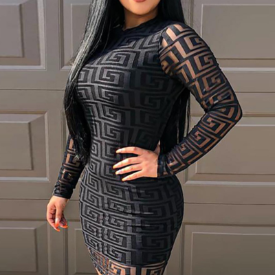 Patterned long sleeve sexy black dress