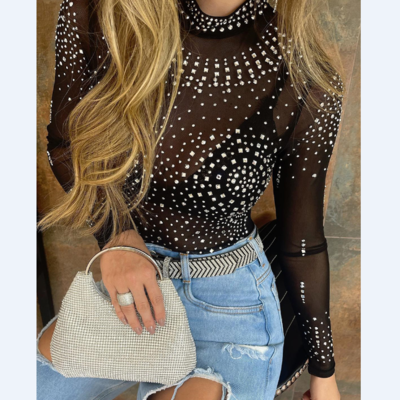 Hot diamond design sexy mesh tight shirt top