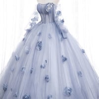 Blue tulle applique long ball gown dress formal dress - Thumbnail 2