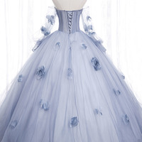 Blue tulle applique long ball gown dress formal dress - Thumbnail 3