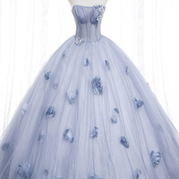 Blue tulle applique long ball gown dress formal dress - Thumbnail 4