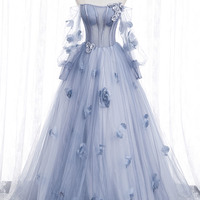 Blue tulle applique long ball gown dress formal dress - Thumbnail 7
