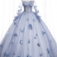 Blue tulle applique long ball gown dress formal dress - Thumbnail 6
