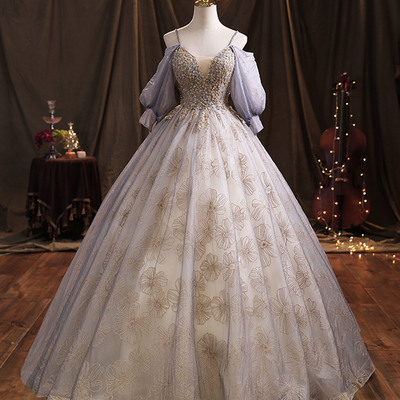 Purple tulle sequins long ball gown a-line formal dress - Thumbnail 1