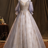 Purple tulle sequins long ball gown A-line formal dress - Thumbnail 5