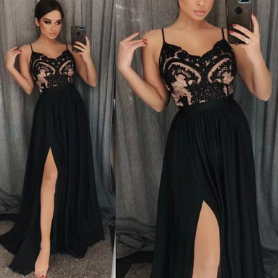 Slit Side Prom Dresses Black with Lace Appliques