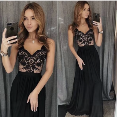 Straps prom dresses black slit side with lace  - Thumbnail 2