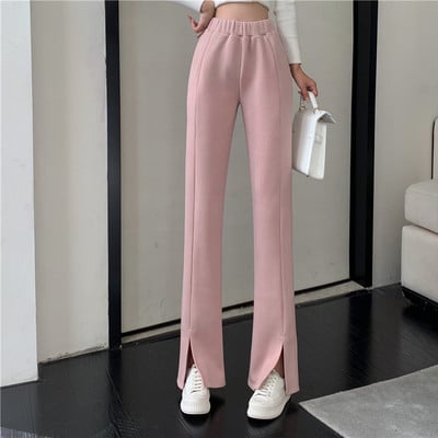 Causual chic cool black pink white comfy velvet long wide leg gathered waist pants - Thumbnail 4
