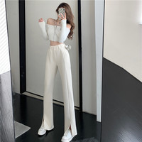 Causual Chic Cool Black Pink White Comfy Velvet Long Wide Leg Gathered Waist Pants - Thumbnail 6