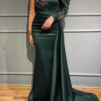 Dark Green Prom Dresses with Sleeves Beaded - Thumbnail 1