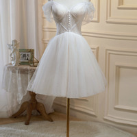 Champagne lace short A-line prom dress homeocming dress - Thumbnail 1