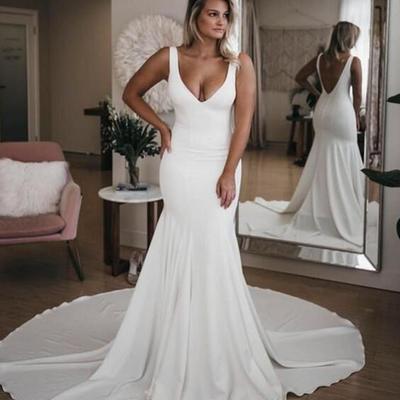 Simple mermaid v-neck stain wedding dresses - Thumbnail 3