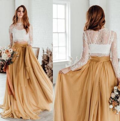 Charming Two Pieces Lace Top Tulle Prom Dresses