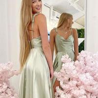 A Line High Slit Sage Green Prom Dress with Straps - Thumbnail 2