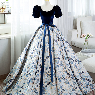 Blue velvet satin long ball gown dress formal dress