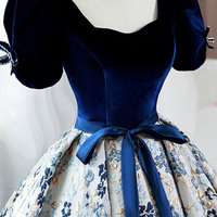 Blue velvet satin long ball gown dress formal dress - Thumbnail 1