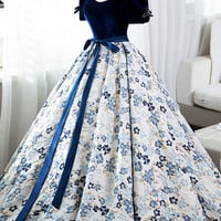 Blue velvet satin long ball gown dress formal dress - Thumbnail 3