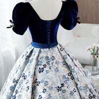 Blue velvet satin long ball gown dress formal dress - Thumbnail 4