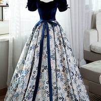 Blue velvet satin long ball gown dress formal dress - Thumbnail 6