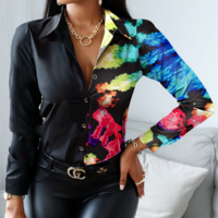 Temperament Long Sleeve Print Contrast Color Splicing Shirt - Thumbnail 1