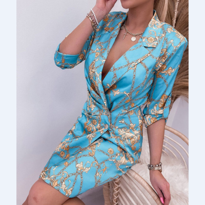 Vintage Women Blue Print Dress