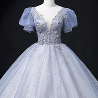 Blue tulle sequins long ball gown formal gown - Thumbnail 2