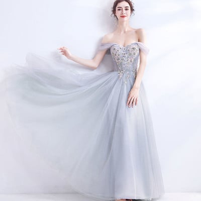 Gray tulle lace long prom dress off shoulder evening dress - Thumbnail 1