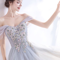 Gray tulle lace long prom dress off shoulder evening dress - Thumbnail 1